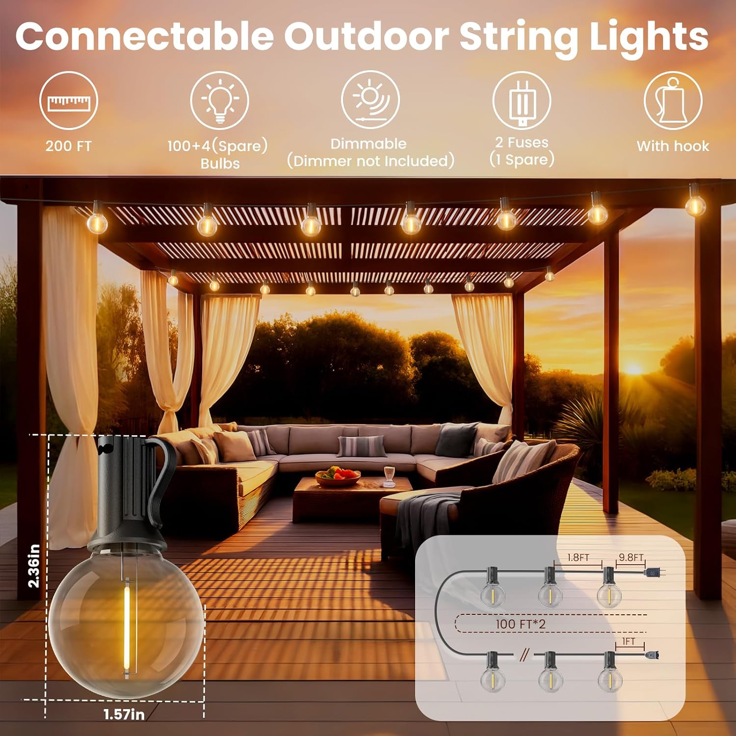 Dimmable G40 String Lights, 200 ft, 104 Bulbs