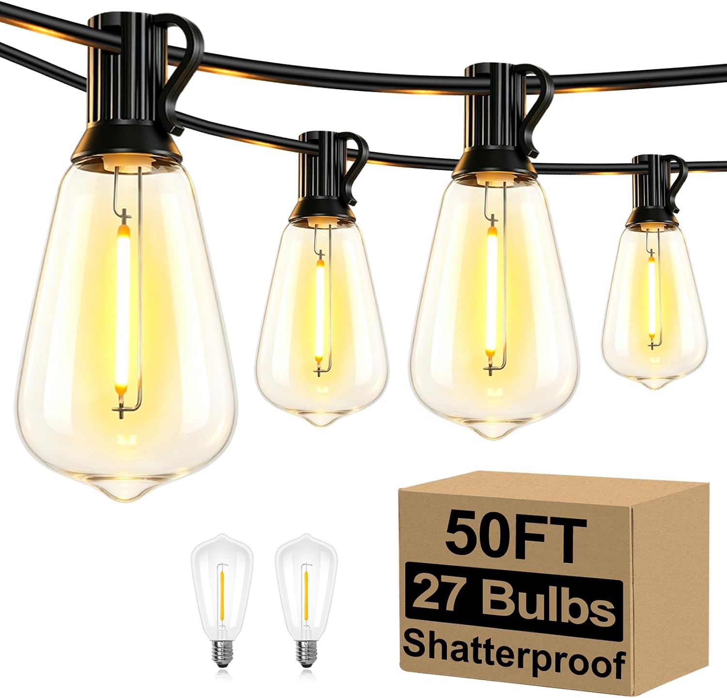 Outdoor String Lights, 100 ft, 52 ST38 Bulbs