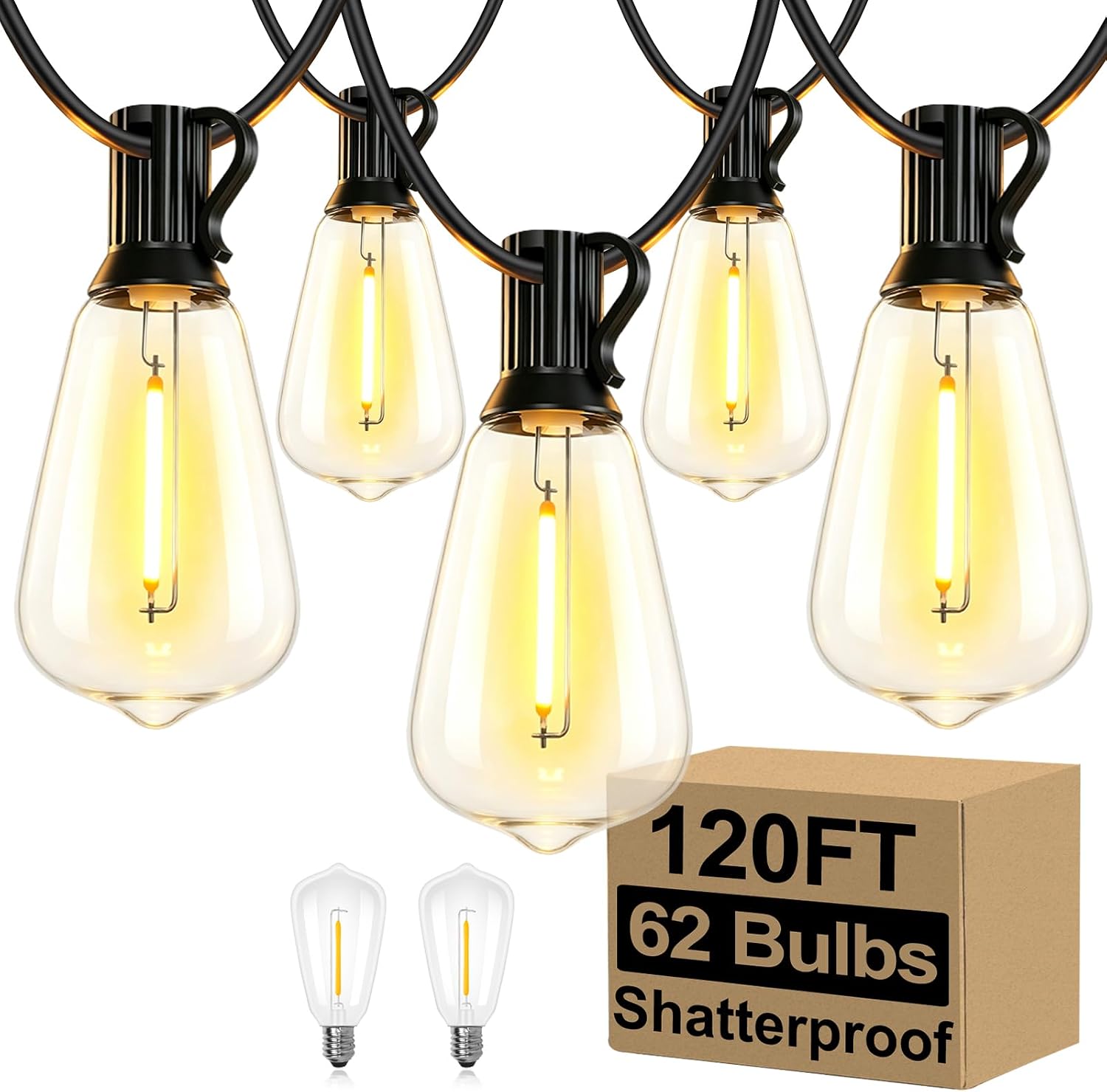 Outdoor String Lights, 100 ft, 52 ST38 Bulbs