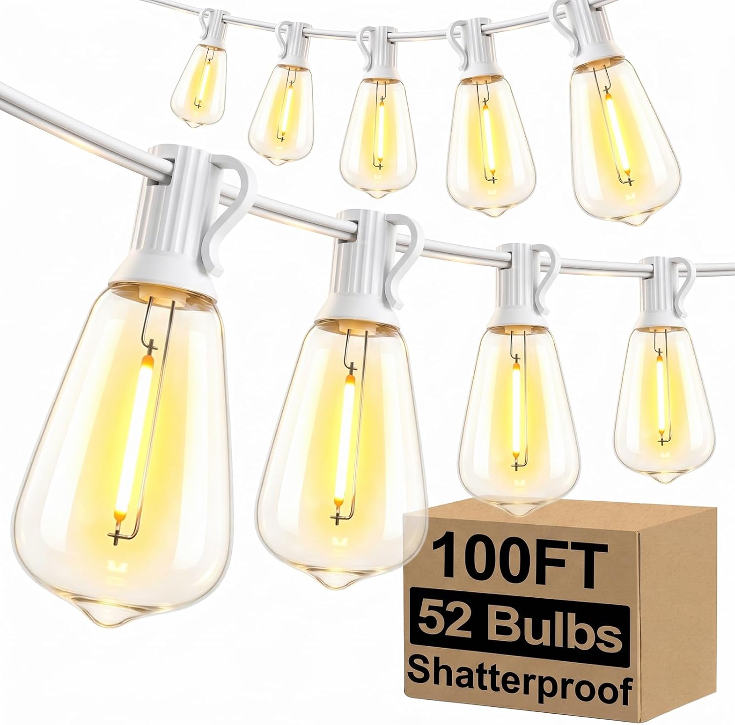 Outdoor String Lights, 100 ft, 52 ST38 Bulbs