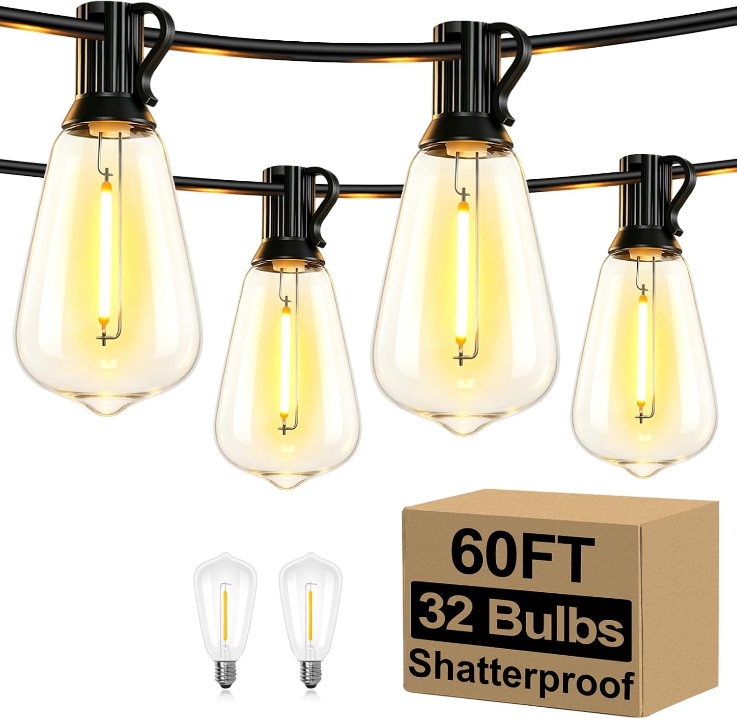 Outdoor String Lights, 100 ft, 52 ST38 Bulbs