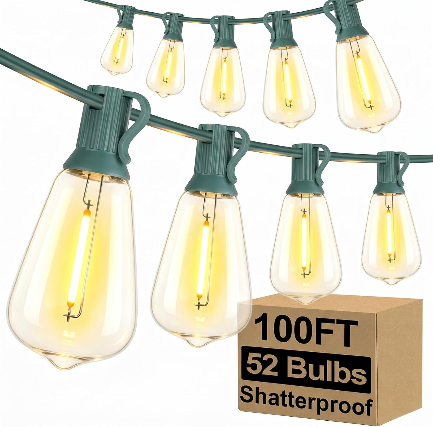 Outdoor String Lights, 100 ft, 52 ST38 Bulbs