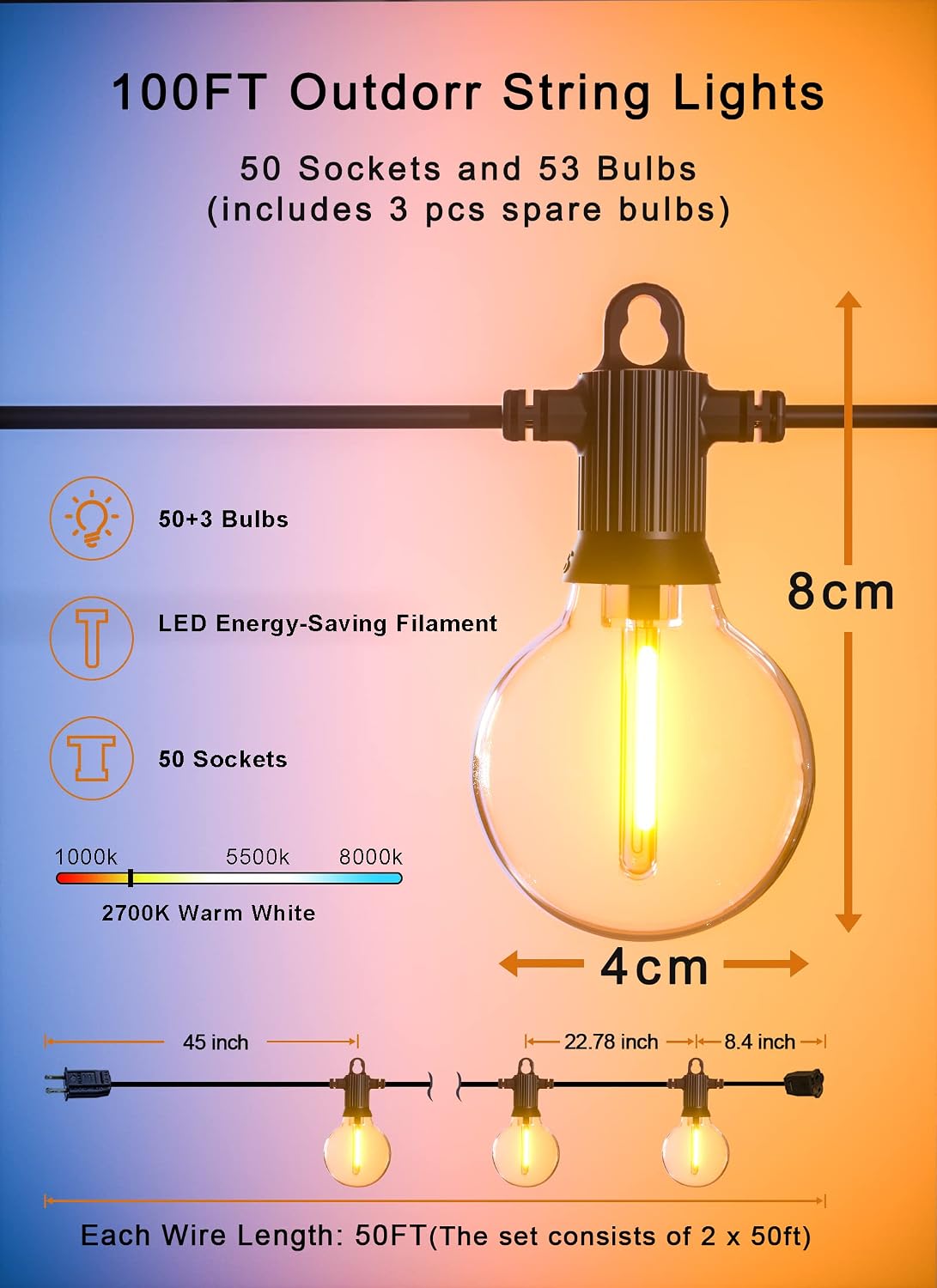 Outdoor String Lights, 100 ft, 53 G40 Bulbs
