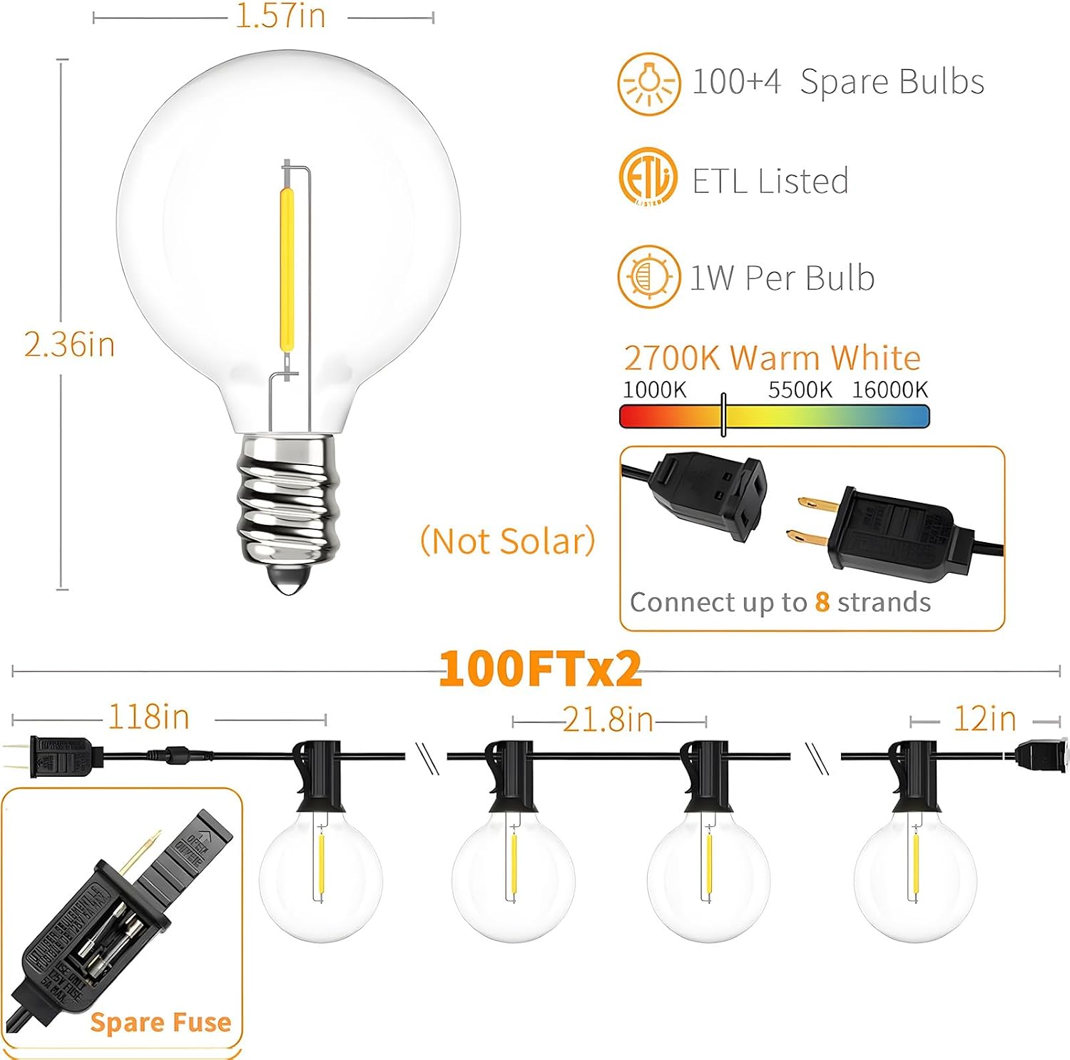 Outdoor String Lights, 200 ft, 104 Bulbs